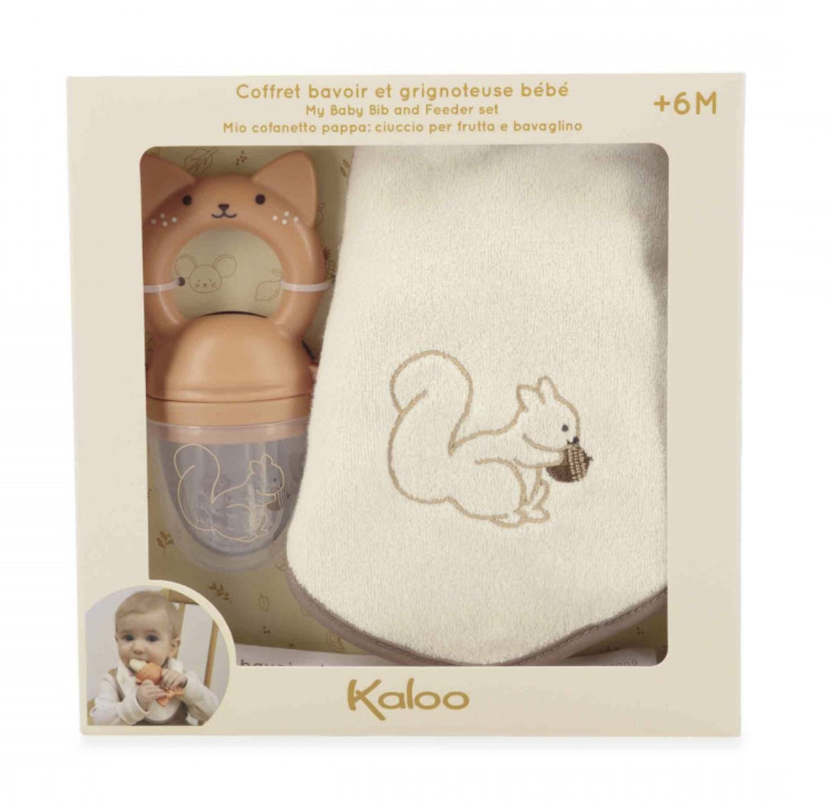 Coffret grignoteuse bébé 6 mois et bavoir assorti. Idéal pour la diversification alimentaire en toute sécurité.