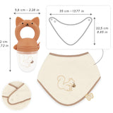 Coffret grignoteuse bébé 6 mois et bavoir assorti. Idéal pour la diversification alimentaire en toute sécurité.