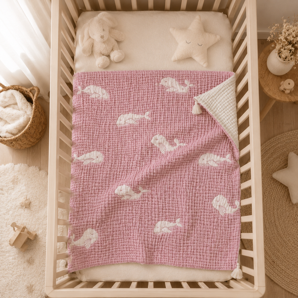 Couverture bébé mousseline matelassée – baleine rose en relief LA MARRAINE