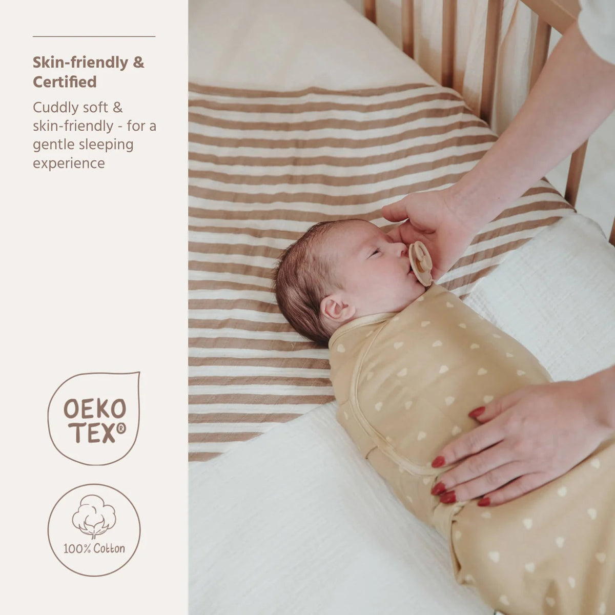 Couverture d’emmaillotage bébé – coton 0-3 mois sable et coeurs beiges MEYCO BABY