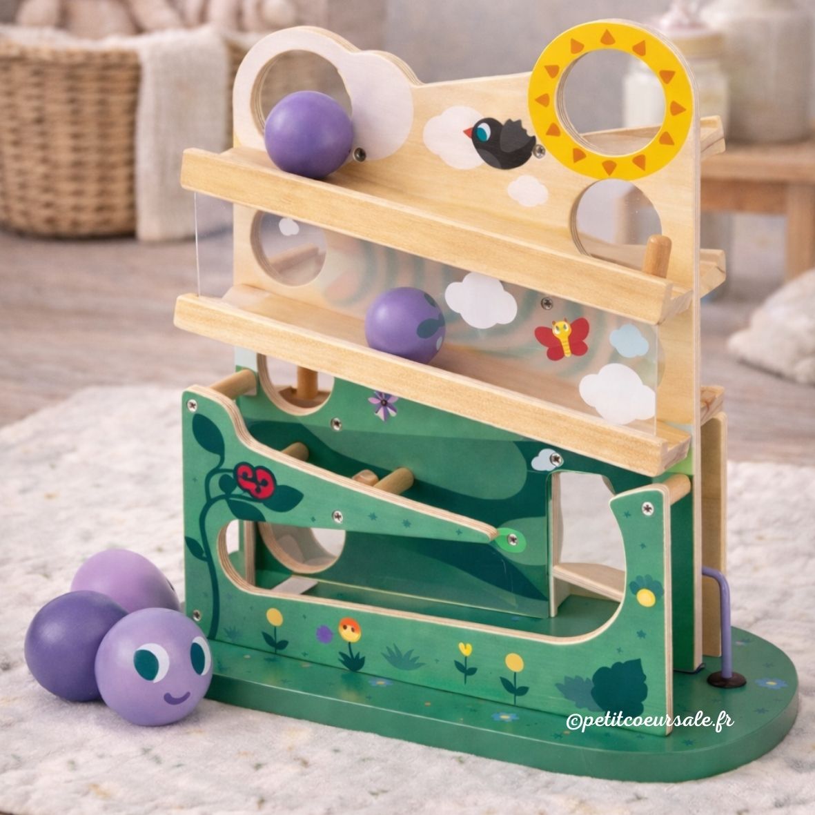 Descendeur en bois bébé 1 an – Chenille avec balles