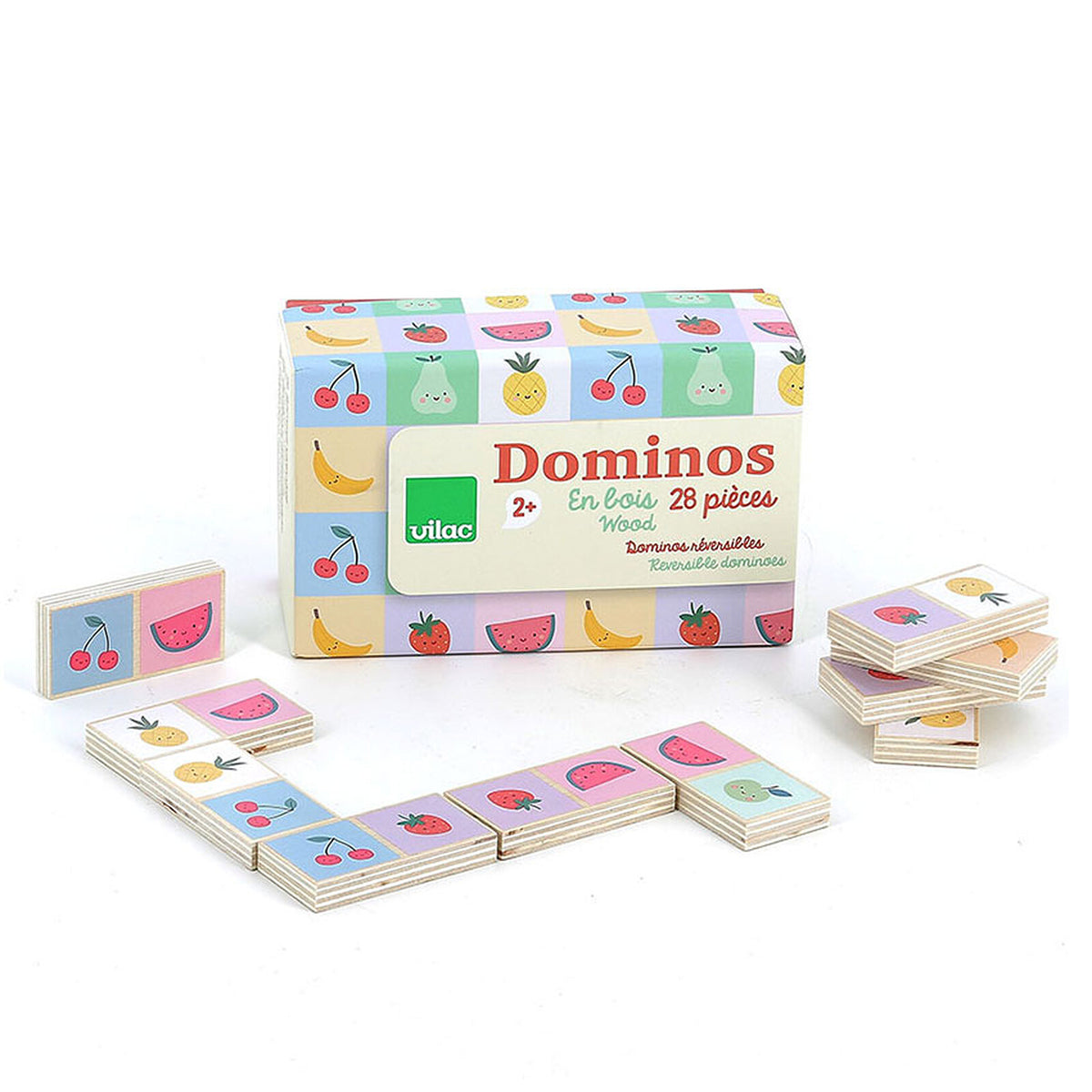 Dominos en bois 2 ans réversibles : fruits et chiffres. Jeu éducatif pour stimuler mémoire et apprentissage.
