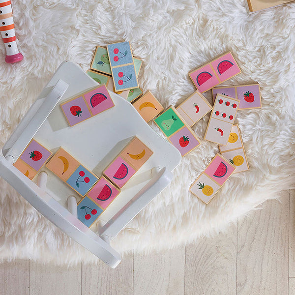 Dominos en bois 2 ans réversibles : fruits et chiffres. Jeu éducatif pour stimuler mémoire et apprentissage.