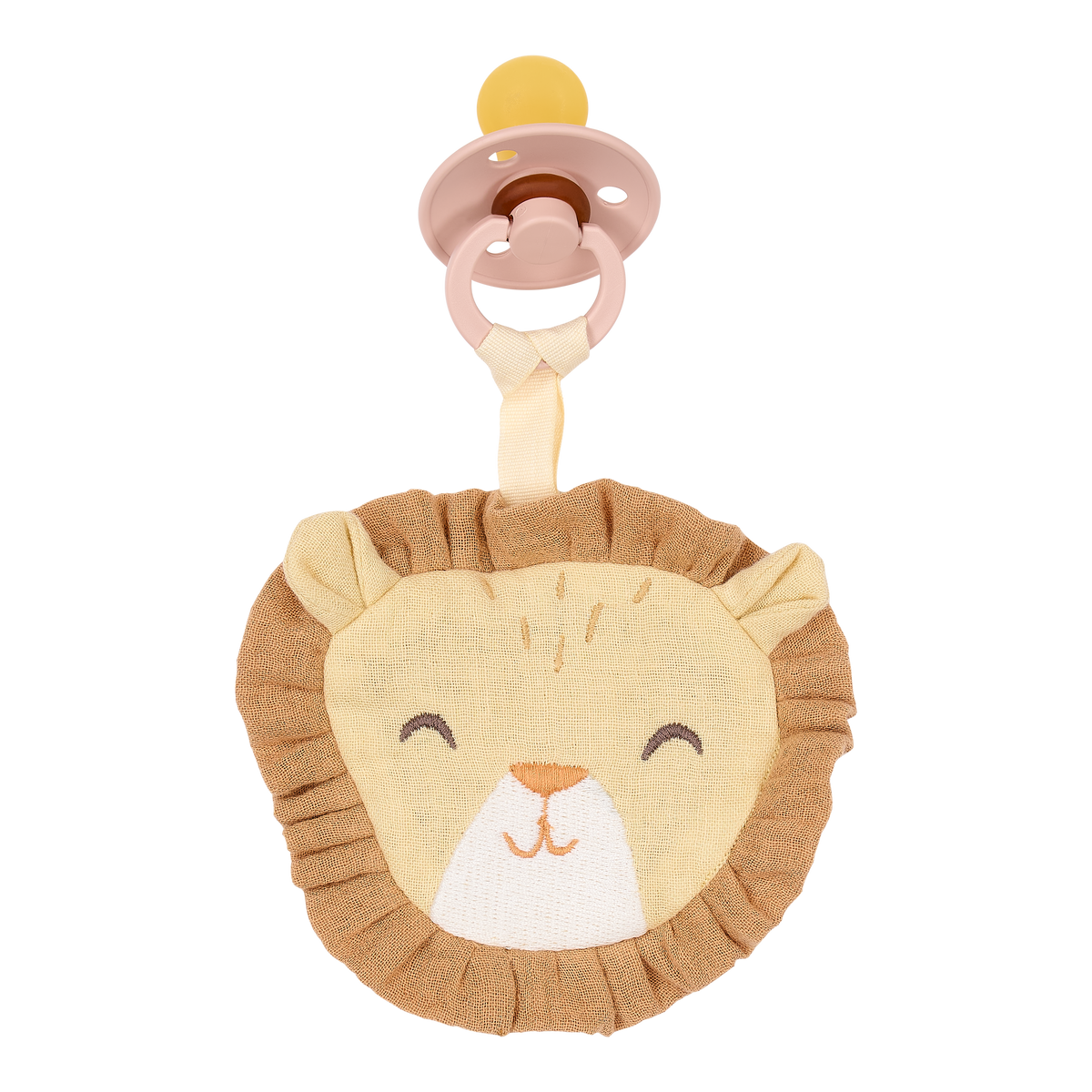 Doudou attache-tétine lion en coton bio : l’indispensable pour le confort et le quotidien de bébé.