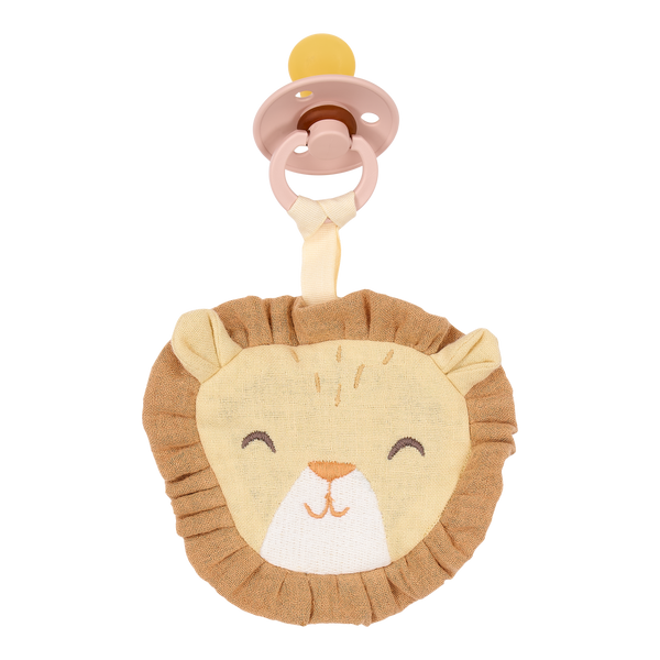 Doudou attache-tétine lion en coton bio : l’indispensable pour le confort et le quotidien de bébé.
