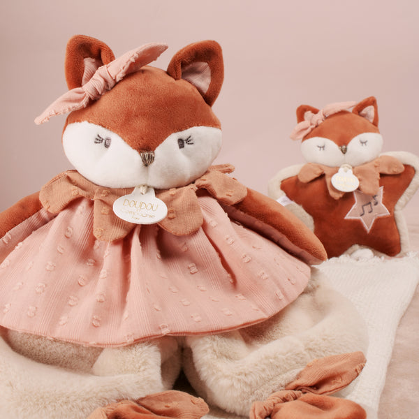 Doudou bébé renard Mina – doudou plat naissance 29 cm