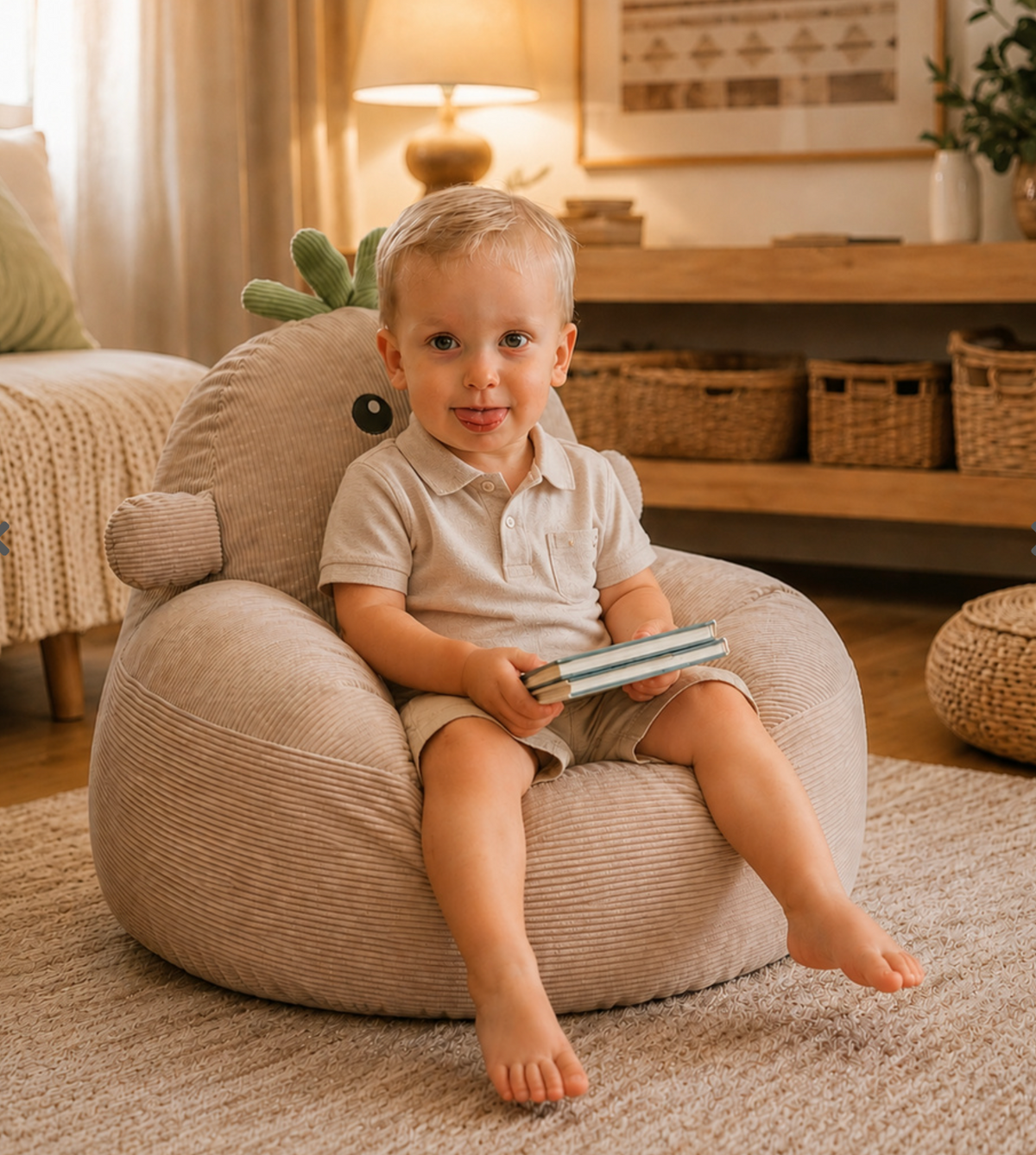 Fauteuil enfant Pico Noukie's en velours côtelé ultra doux, confortable et parfaitement adapté aux tout-petits pour lire, jouer et se détendre.