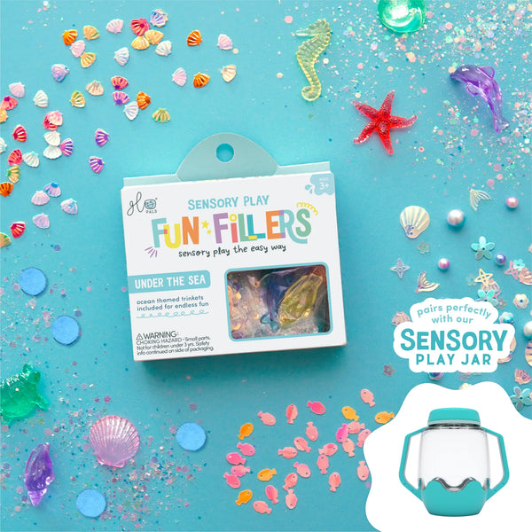 Créez un monde magique avec les Fun Fillers Ocean ! Accessoires sensoriels scintillants pour jeux d’éveil, pâte à modeler, eau, riz ou slime. Dès 3 ans.