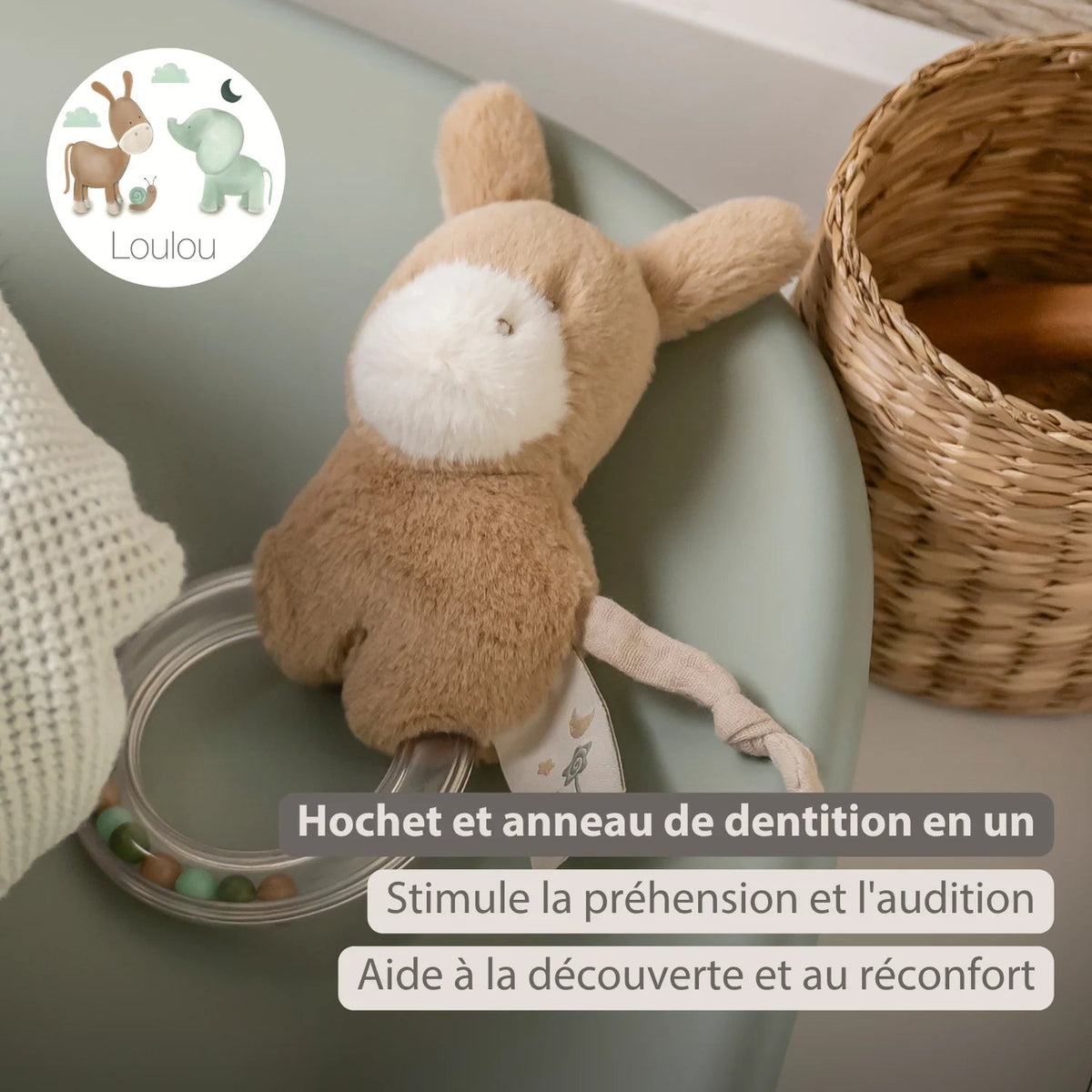 Hochet anneau LouLou Âne – 15 cm – Caramel clair nattou NATTOU