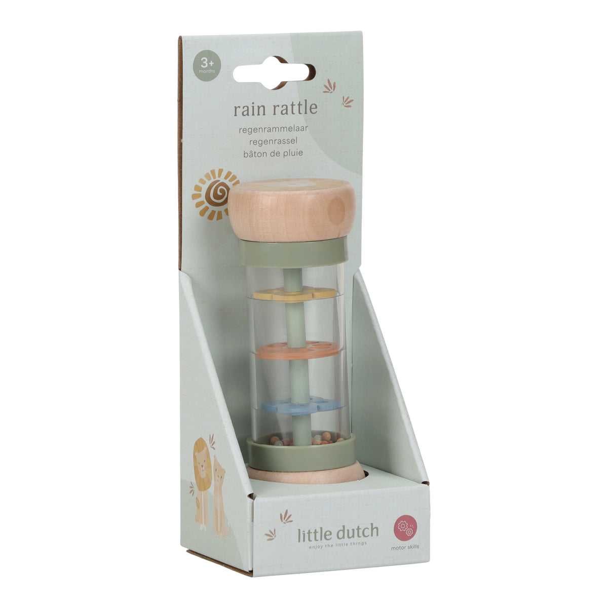 Hochet de pluie en bois Safari Friends – bâton de pluie bébé