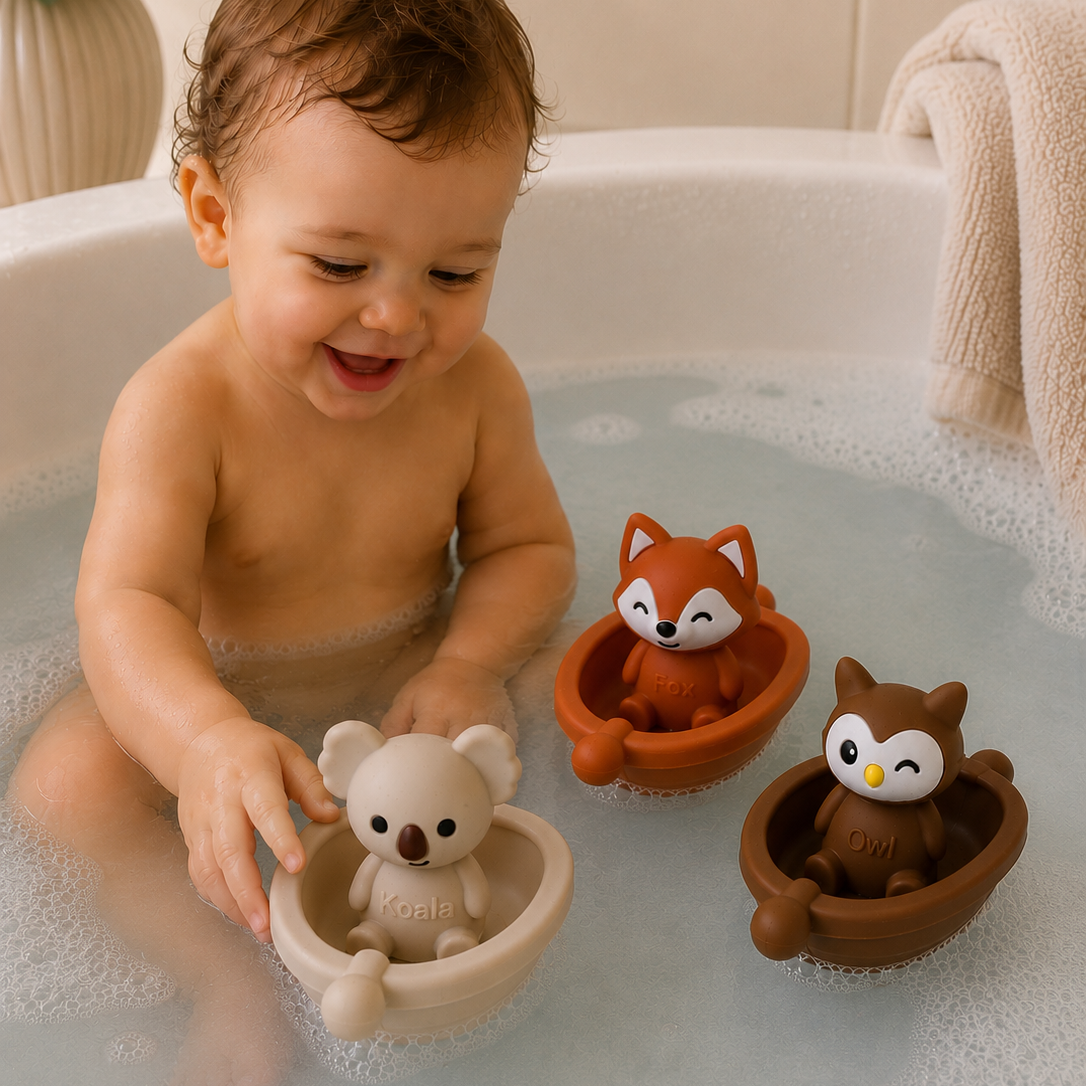 Jouets de bain bébé silicone – 3 bateaux et animaux à assembler GMLB