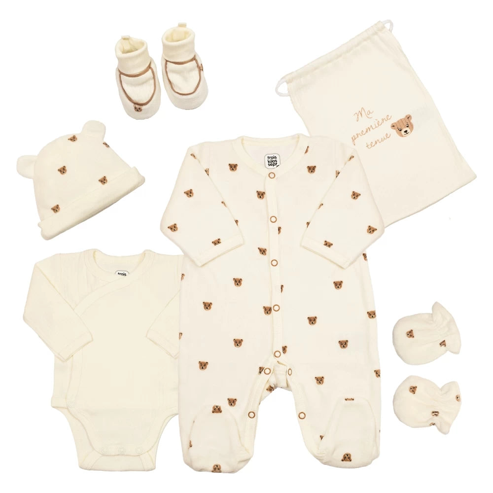 Kit naissance 6 pièces « Ours Moka » – Première tenue bébé – 1 mois TROIS KILOS SEPT