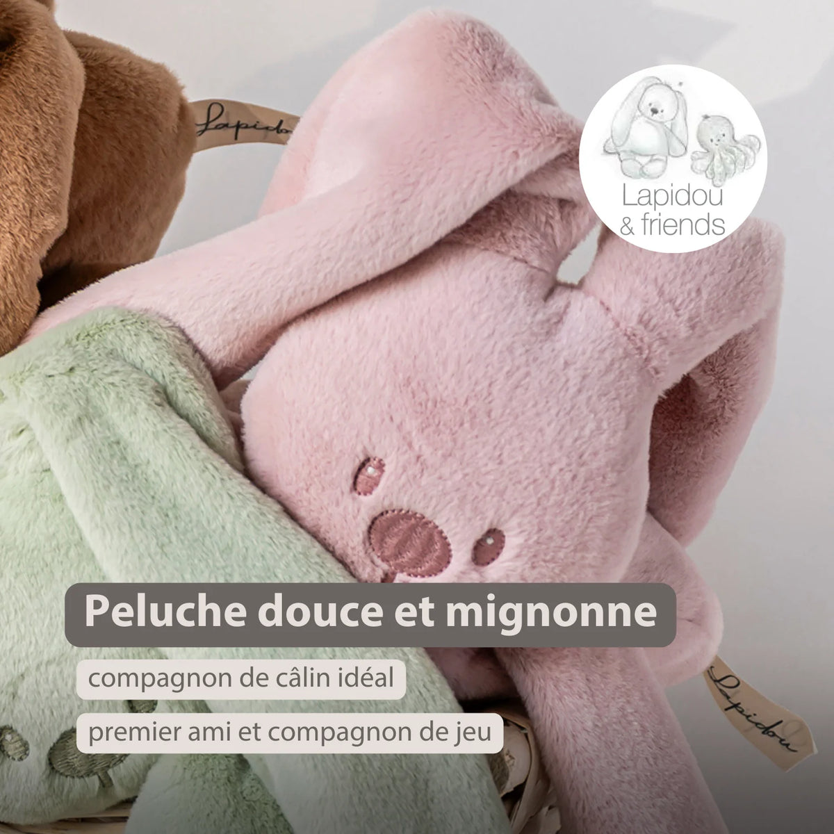 Doudou lapin en peluche 30 cm – Peluche douce bébé rose poudré