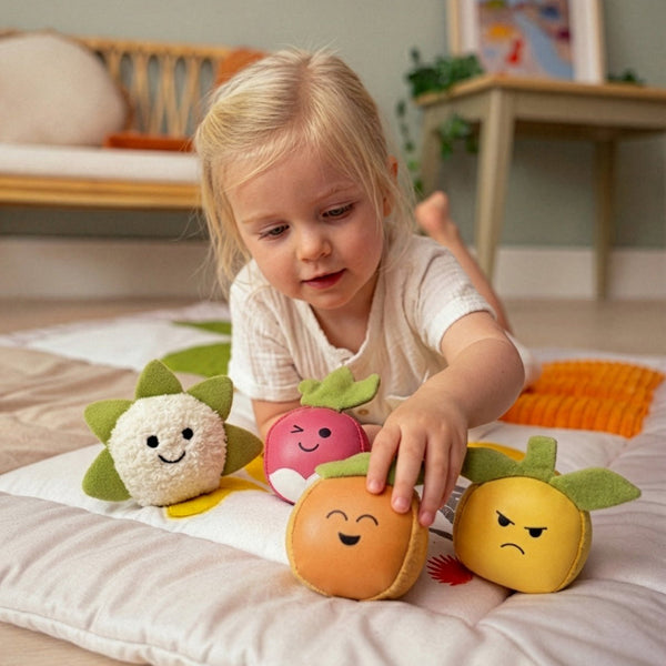 Les Dooballs Potager – Set de 4 balles doudous sensorielles pour bébé 🥕🍎 LITTLE BIG FRIENDS