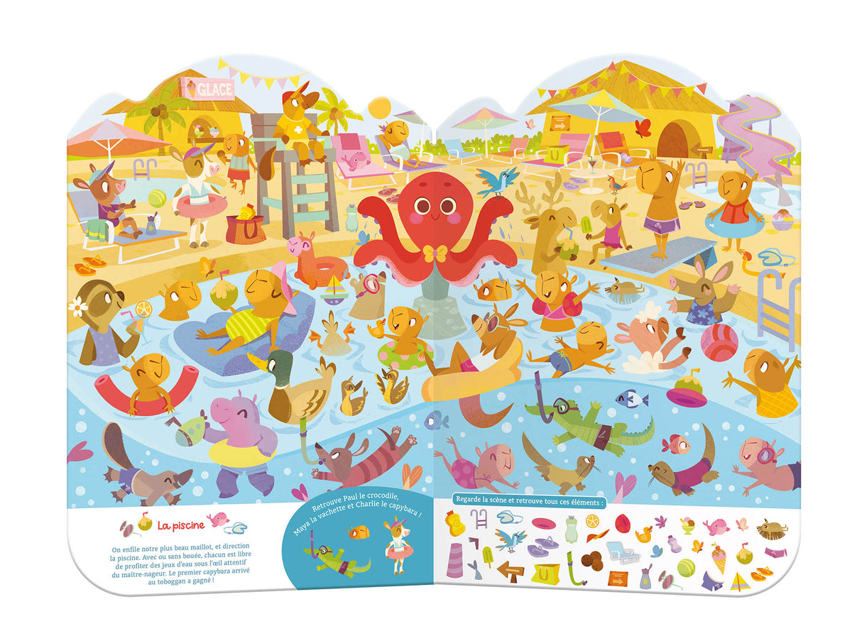 Le Cherche &amp; Trouve – En vacances ! entraîne les enfants dans les aventures estivales d'une joyeuse famille de capybaras. Avec plus de 40 éléments à retrouver sur chaque illustration, ce livre offre une activité amusante qui développe l'observation et la concentration.Grand livre Cherche &amp; Trouve avec des capybaras en vacances pour développer l'observation, la concentration et la mémoire visuelle dès 4 ans.