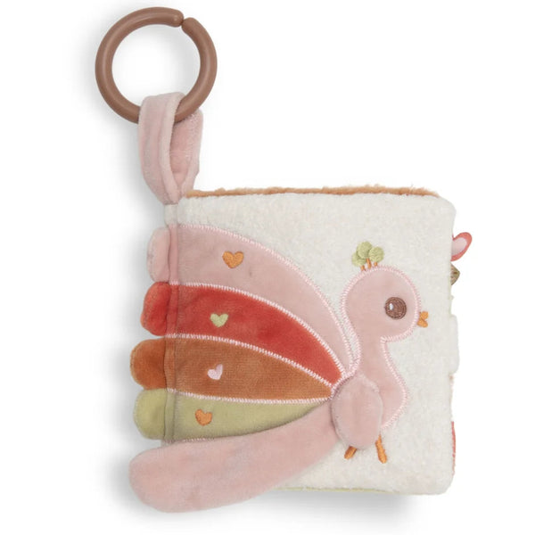 Livre d’activités bébé Soft Plumes Jollein dès la naissance avec pages crépitantes, miroir cœur, textures et étiquettes, facile à accrocher à la poussette ou au siège auto.