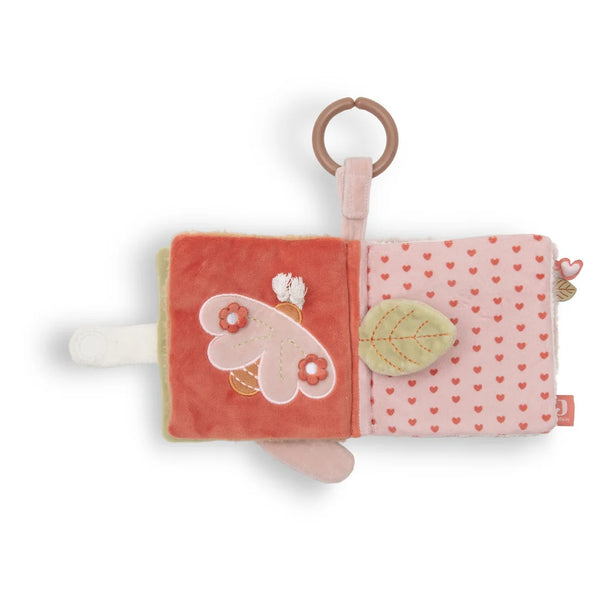 Livre d’activités bébé Soft Plumes Jollein dès la naissance avec pages crépitantes, miroir cœur, textures et étiquettes, facile à accrocher à la poussette ou au siège auto.