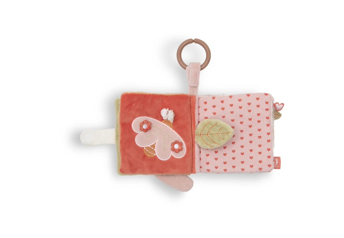 Livre d’activités bébé Soft Plumes Jollein dès la naissance avec pages crépitantes, miroir cœur, textures et étiquettes, facile à accrocher à la poussette ou au siège auto.