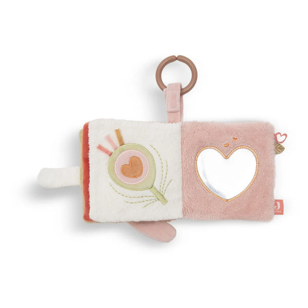 Livre d’activités bébé Soft Plumes Jollein dès la naissance avec pages crépitantes, miroir cœur, textures et étiquettes, facile à accrocher à la poussette ou au siège auto.
