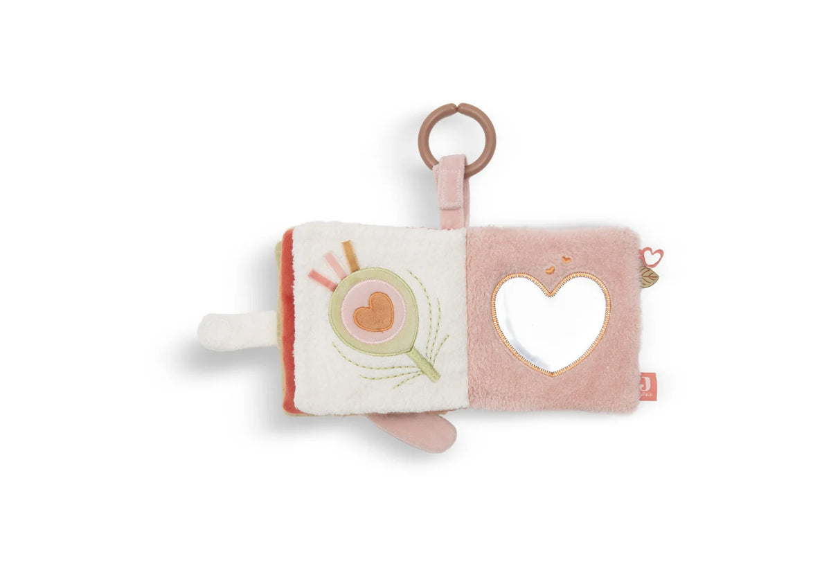 Livre d’activités bébé Soft Plumes Jollein dès la naissance avec pages crépitantes, miroir cœur, textures et étiquettes, facile à accrocher à la poussette ou au siège auto.