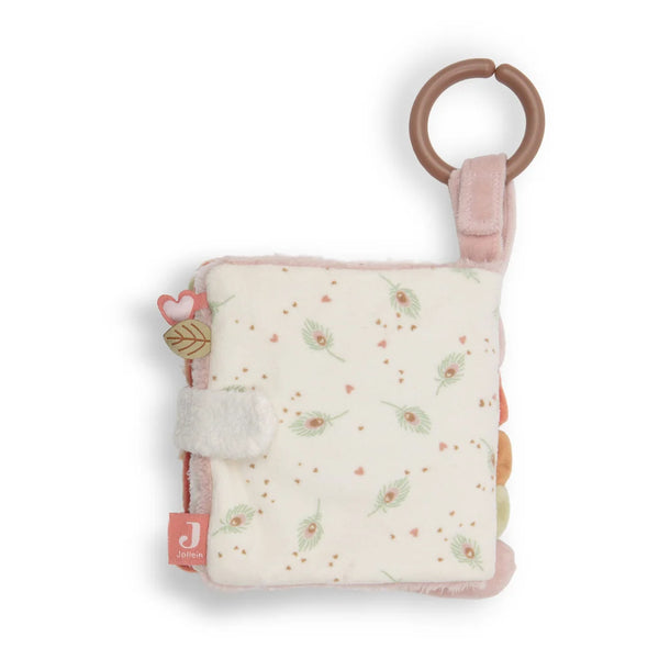 Livre d’activités bébé Soft Plumes Jollein dès la naissance avec pages crépitantes, miroir cœur, textures et étiquettes, facile à accrocher à la poussette ou au siège auto.