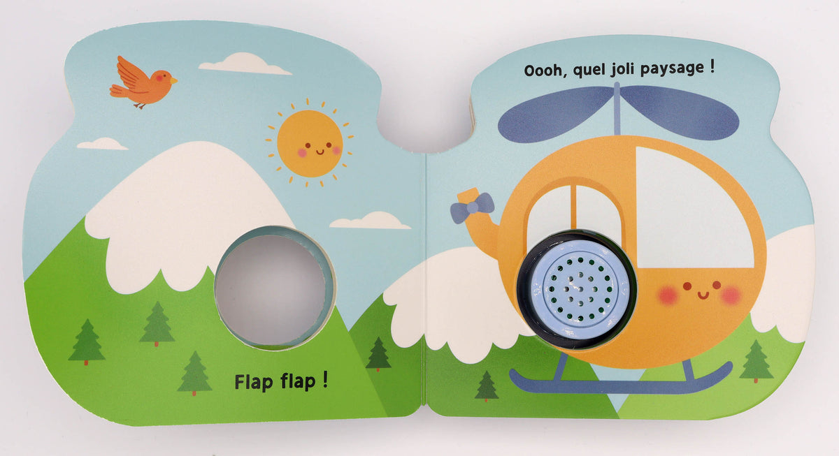 Romy l'Hélicoptère est un livre sonore en forme d'hélicoptère qui invite les tout-petits à suivre les aventures d'un sympathique héros tout en découvrant le véritable bruit d'un hélicoptère. Une lecture interactive idéale pour éveiller les sens et partager un moment de complicité.Livre sonore bébé en forme d'hélicoptère avec véritable bruit d'hélicoptère pour éveiller la curiosité, l'écoute et la motricité des tout-petits.