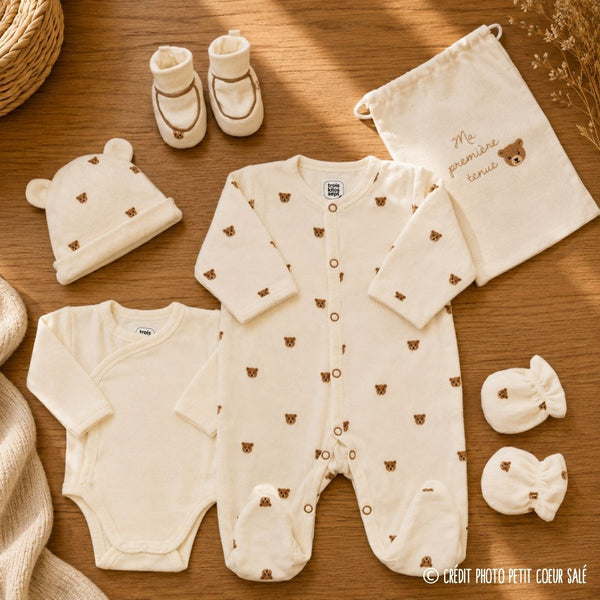 Kit naissance 6 pièces « Ours Moka » – Première tenue bébé – 1 mois TROIS KILOS SEPT
