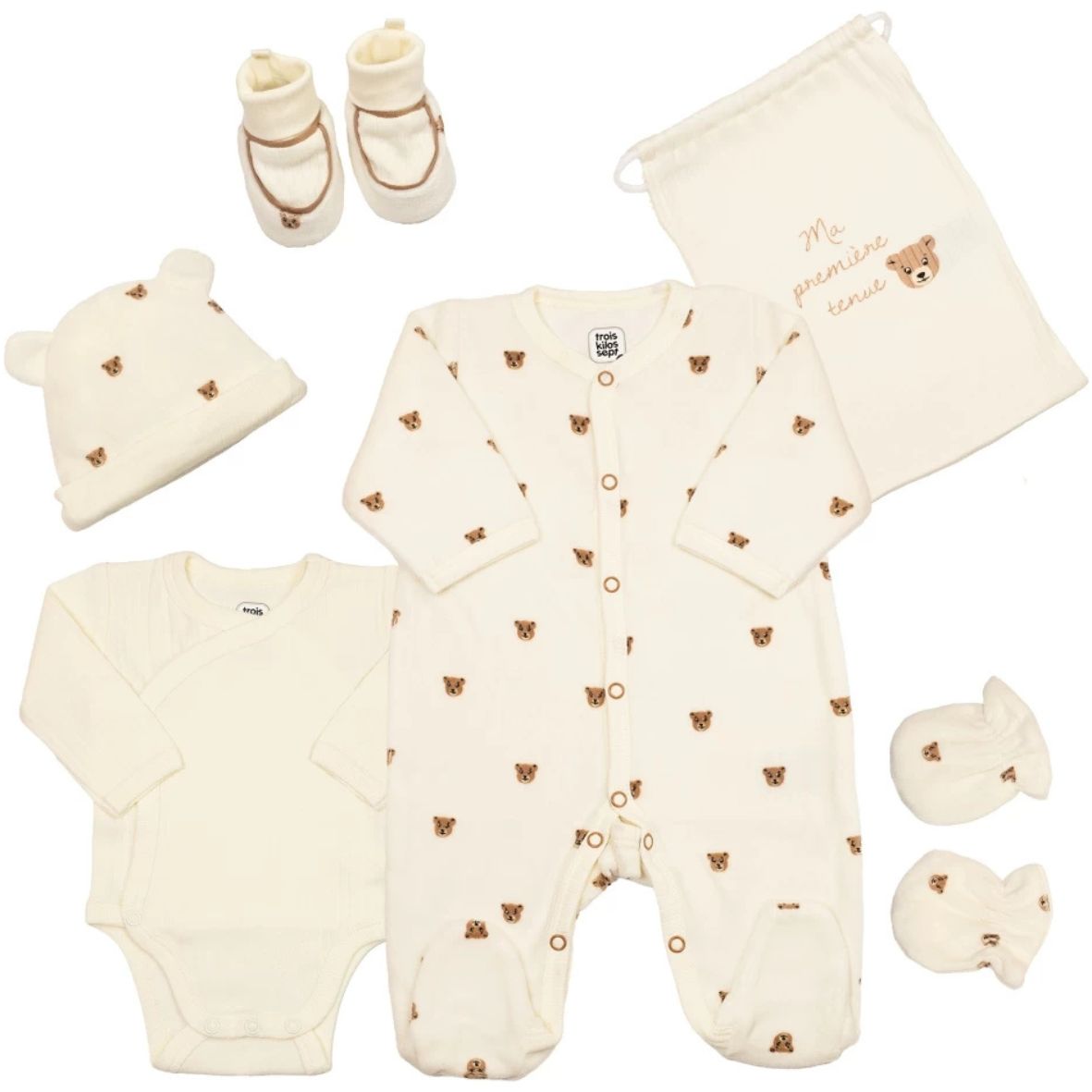 Kit naissance 6 pièces « Ours Moka » – Première tenue bébé – 1 mois TROIS KILOS SEPT
