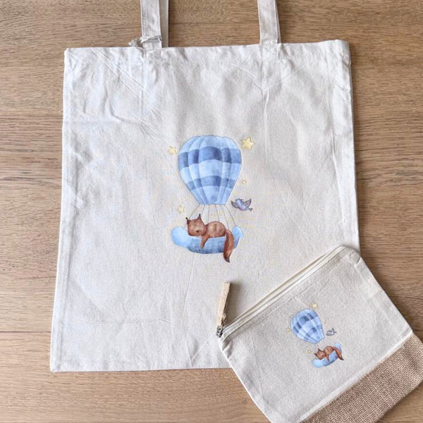 Tote bag écureuil sur montgolfière en coton biologique GMLB
