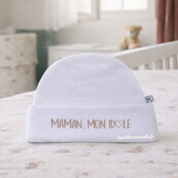 Bonnet Naissance “Maman mon idole" blanc