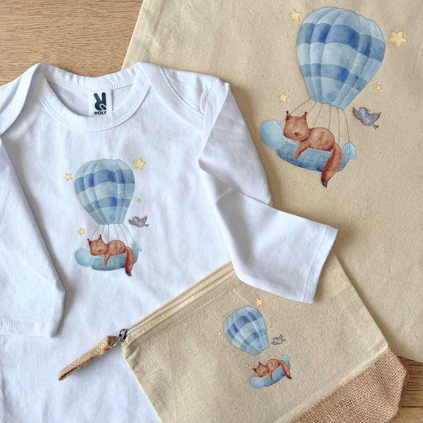 Tote bag écureuil sur montgolfière en coton biologique GMLB