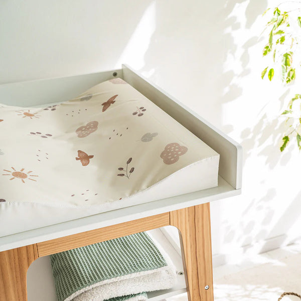 matelas à langer beige motif oiseau nuage soleil