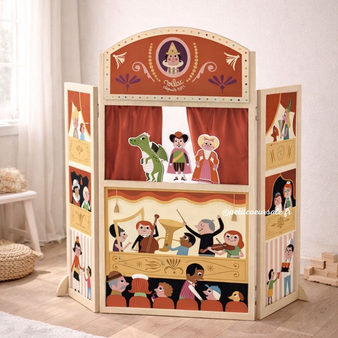 Mon joli Théâtre de marionnettes en bois rouge – dès 3 ans