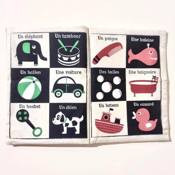 CRINKLY IMAGIER NOIR ET BLANC – Livre Tissu Sensoriel pour Bébé