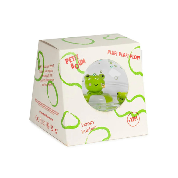 Découvrez les balles sensorielles Petit Boum Happy Bubbles Froggies 🐸 ! Parfaites pour le bain, elles stimulent les sens et la motricité fine de bébé avec paillettes et couleurs magiques.