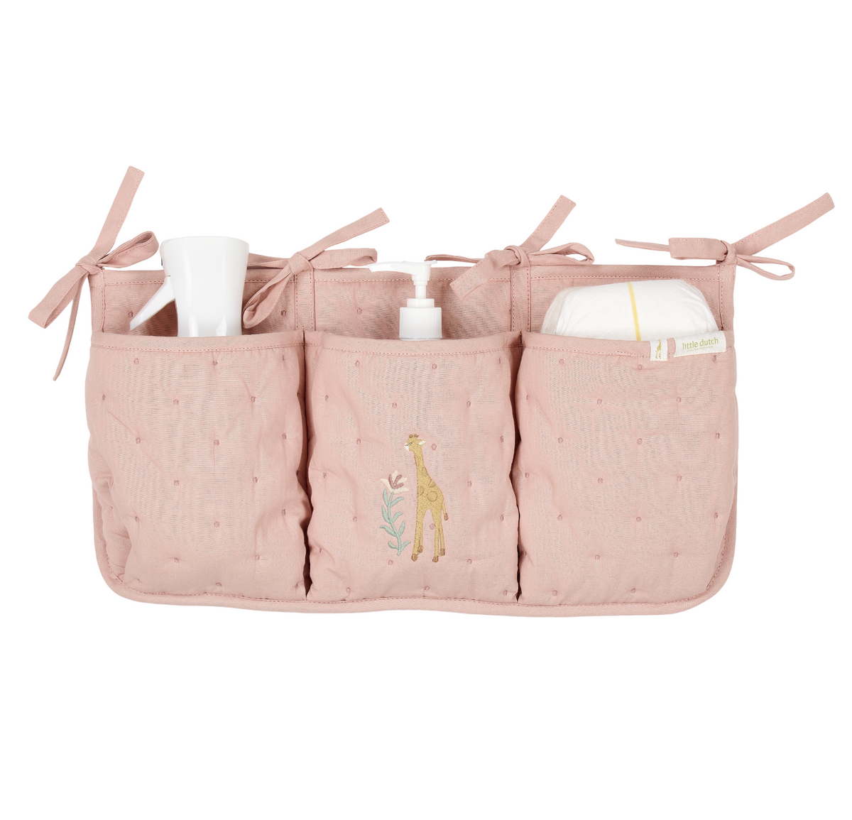 Organisateur de lit bébé rose girafe : le rangement indispensable pour une chambre organisée et apaisante.