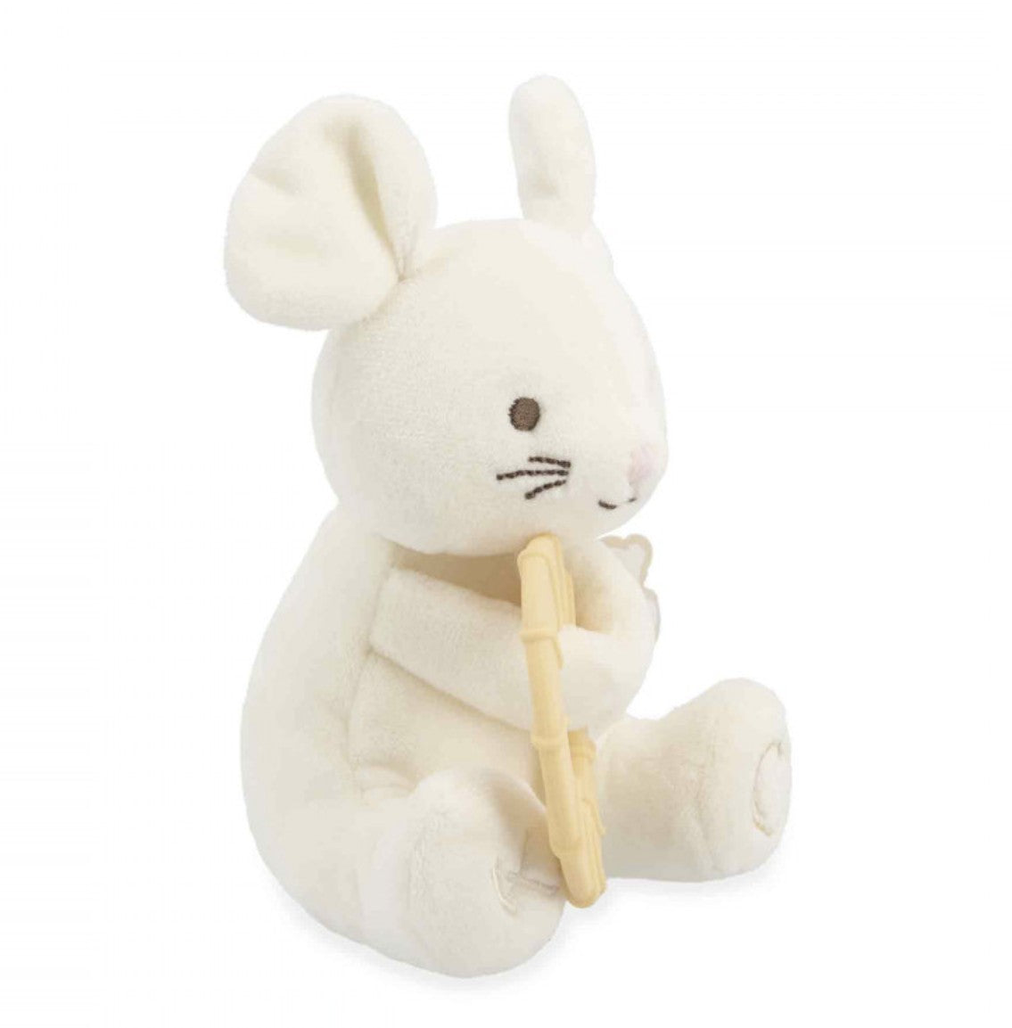 Peluche avec anneau de dentition silicone dès 3 mois. Apaise les gencives et réconforte bébé.