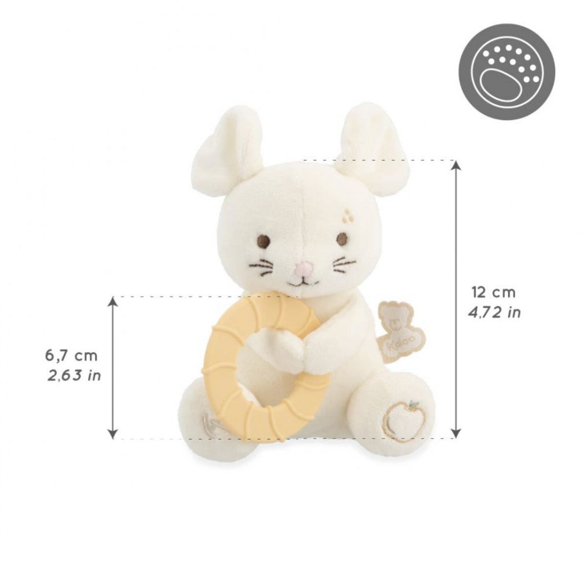 Peluche avec anneau de dentition silicone dès 3 mois. Apaise les gencives et réconforte bébé.