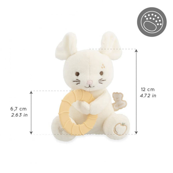 Peluche avec anneau de dentition silicone dès 3 mois. Apaise les gencives et réconforte bébé.