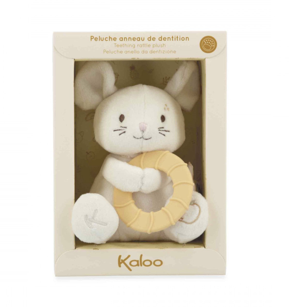 Peluche avec anneau de dentition silicone dès 3 mois. Apaise les gencives et réconforte bébé.