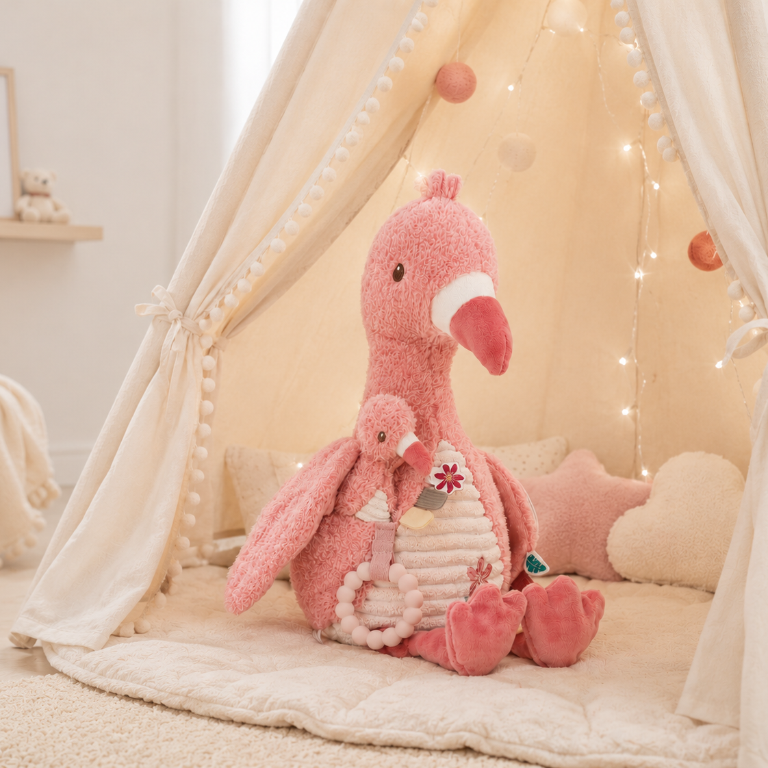 Peluche d’activités flamant rose Safari Friends – jouet sensoriel bébé LITTLE DUTCH