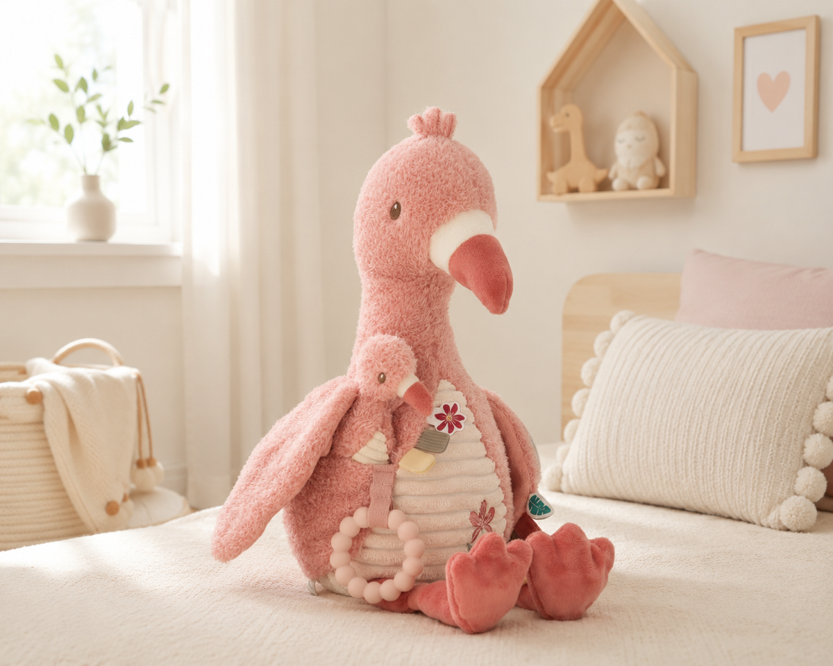 Peluche d’activités flamant rose Safari Friends – jouet sensoriel bébé LITTLE DUTCH