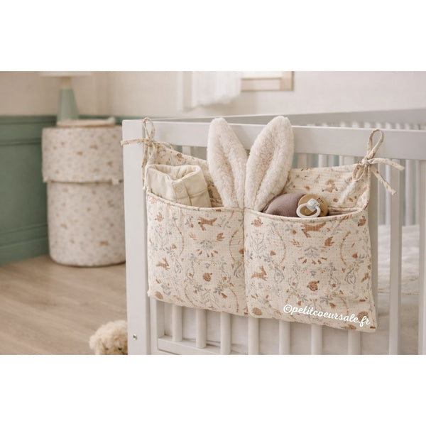 Pochette de rangement pour lit bébé Cosy Forest en coton, motifs forêt beige et mocha