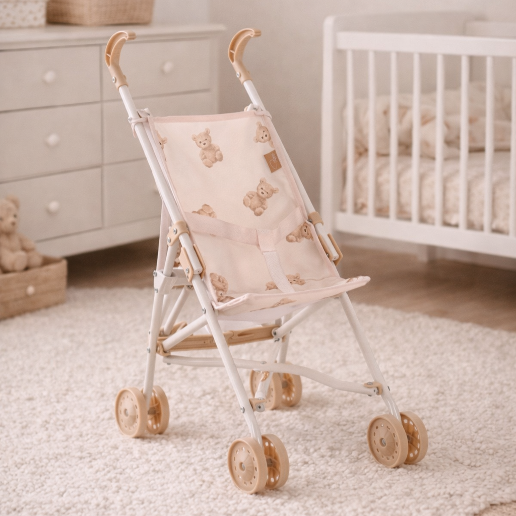 poussette pour bebe beige avec motif ourson