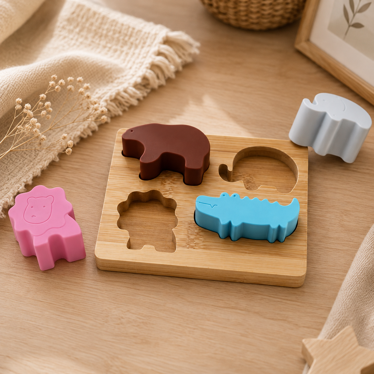 Puzzle d'encastrement en bois et silicone – Les animaux GMLB