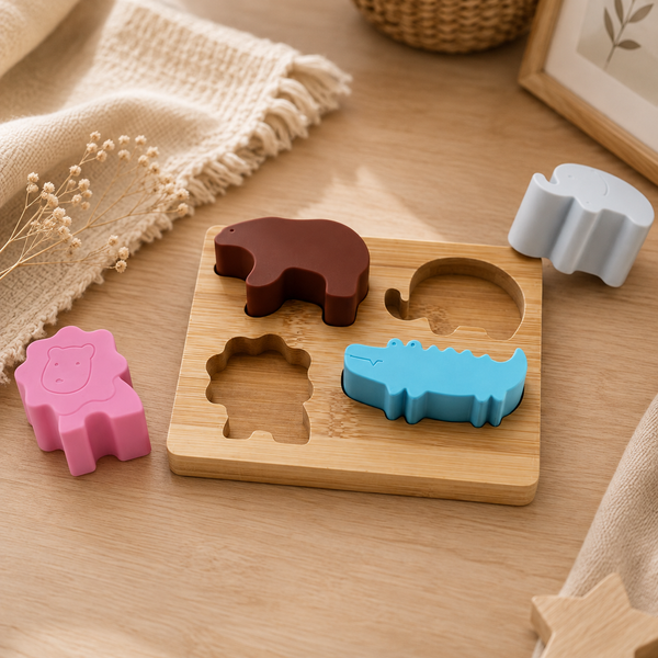 Puzzle d'encastrement en bois et silicone – Les animaux GMLB