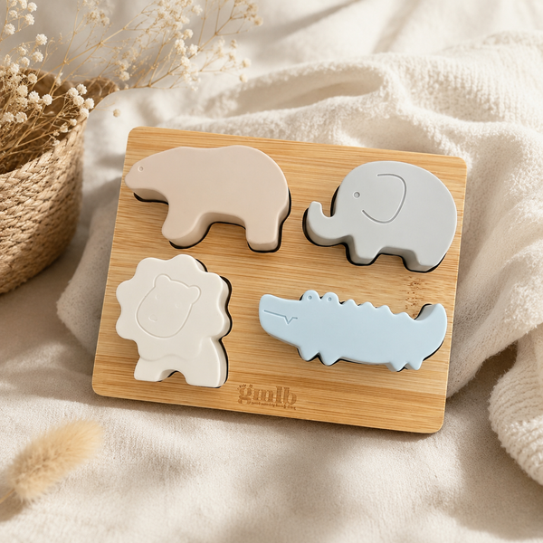Puzzle d'encastrement en bois et silicone – Les animaux soft