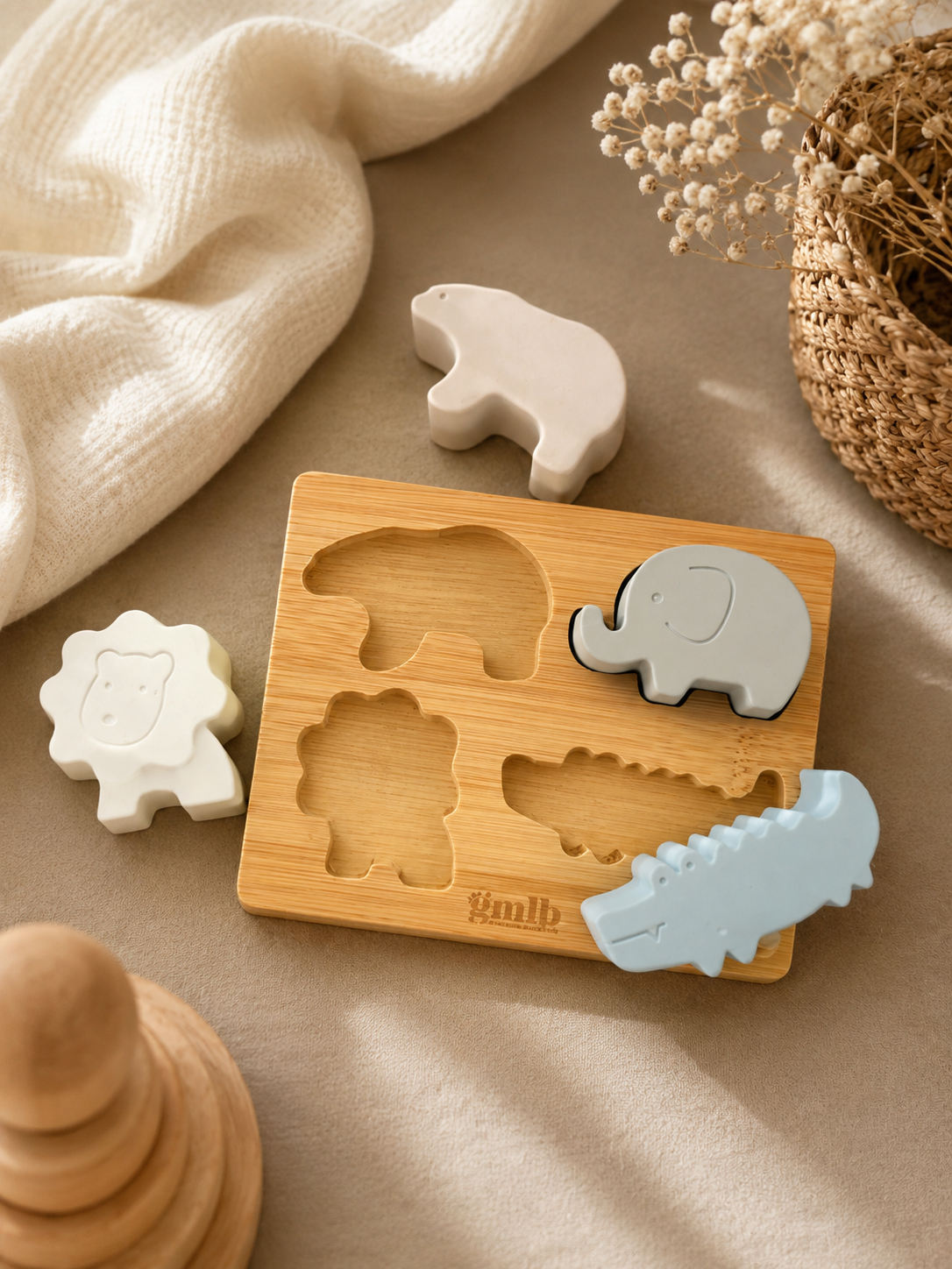 Puzzle d'encastrement en bois et silicone – Les animaux soft GMLB