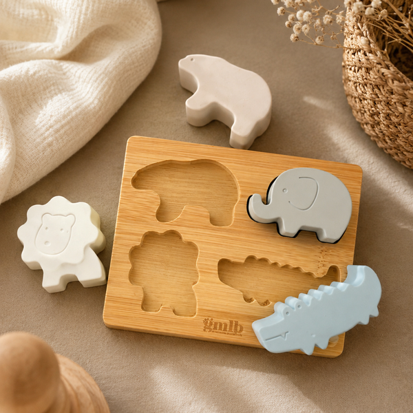 Puzzle d'encastrement en bois et silicone – Les animaux soft GMLB