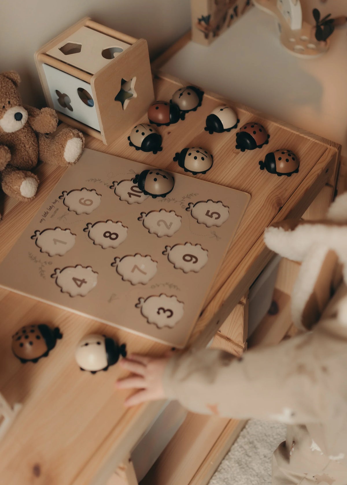 Découvrez Mes Dames 🐞, un puzzle Montessori en bois pour développer motricité, reconnaissance des formes et premiers chiffres dès 3 ans.